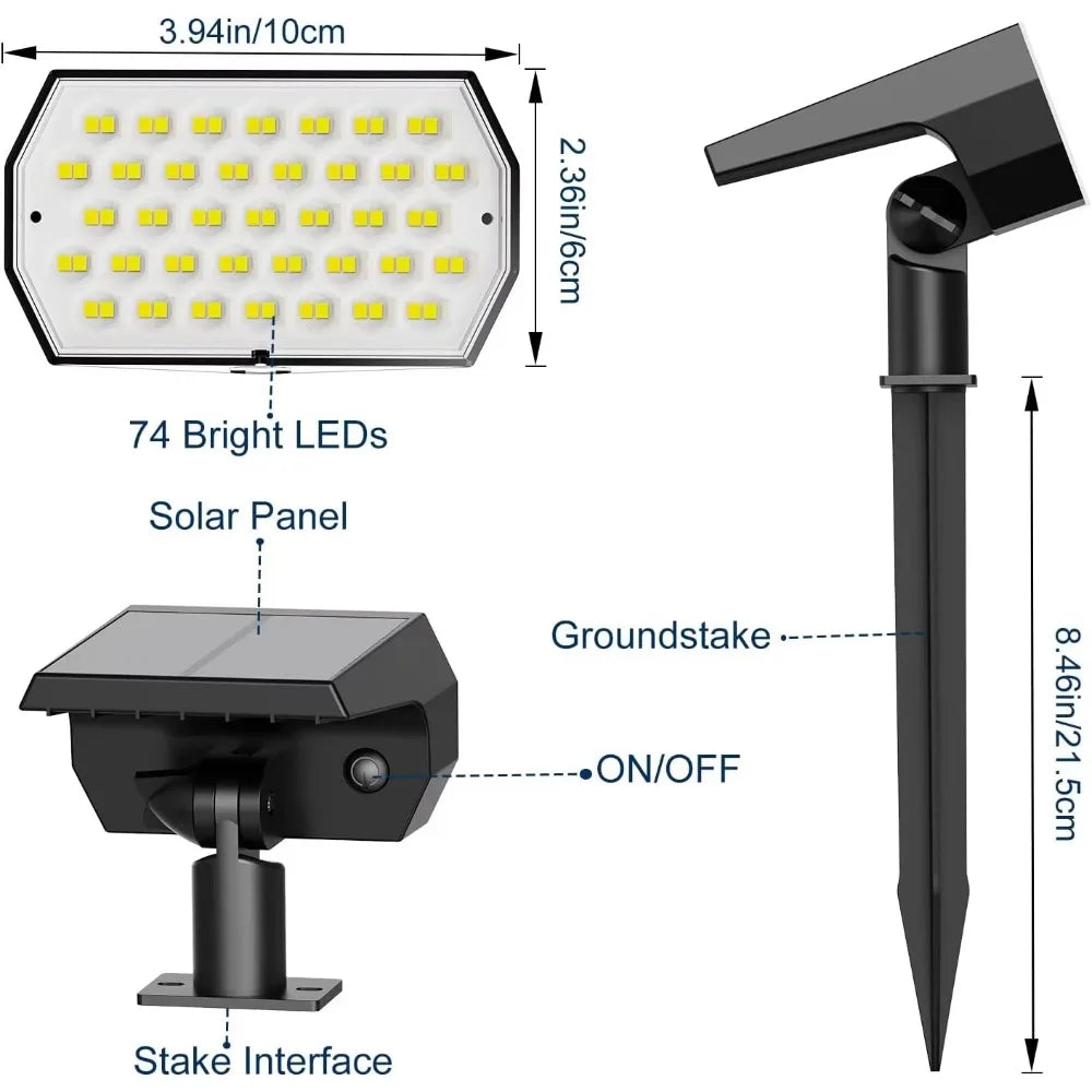 74 LED Solar Spot Lights Outdoor – 3 Color Modes, IP65 Waterproof Landscape Spotlights (2 Pack) | Vistolux