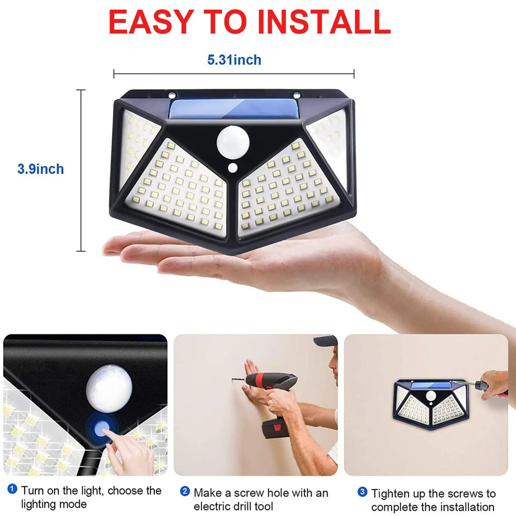 Solar Motion Sensor Security Light 100 LED – Outdoor Waterproof 4-Head Flood Light for Yard, Fence, Garage | Vistolux